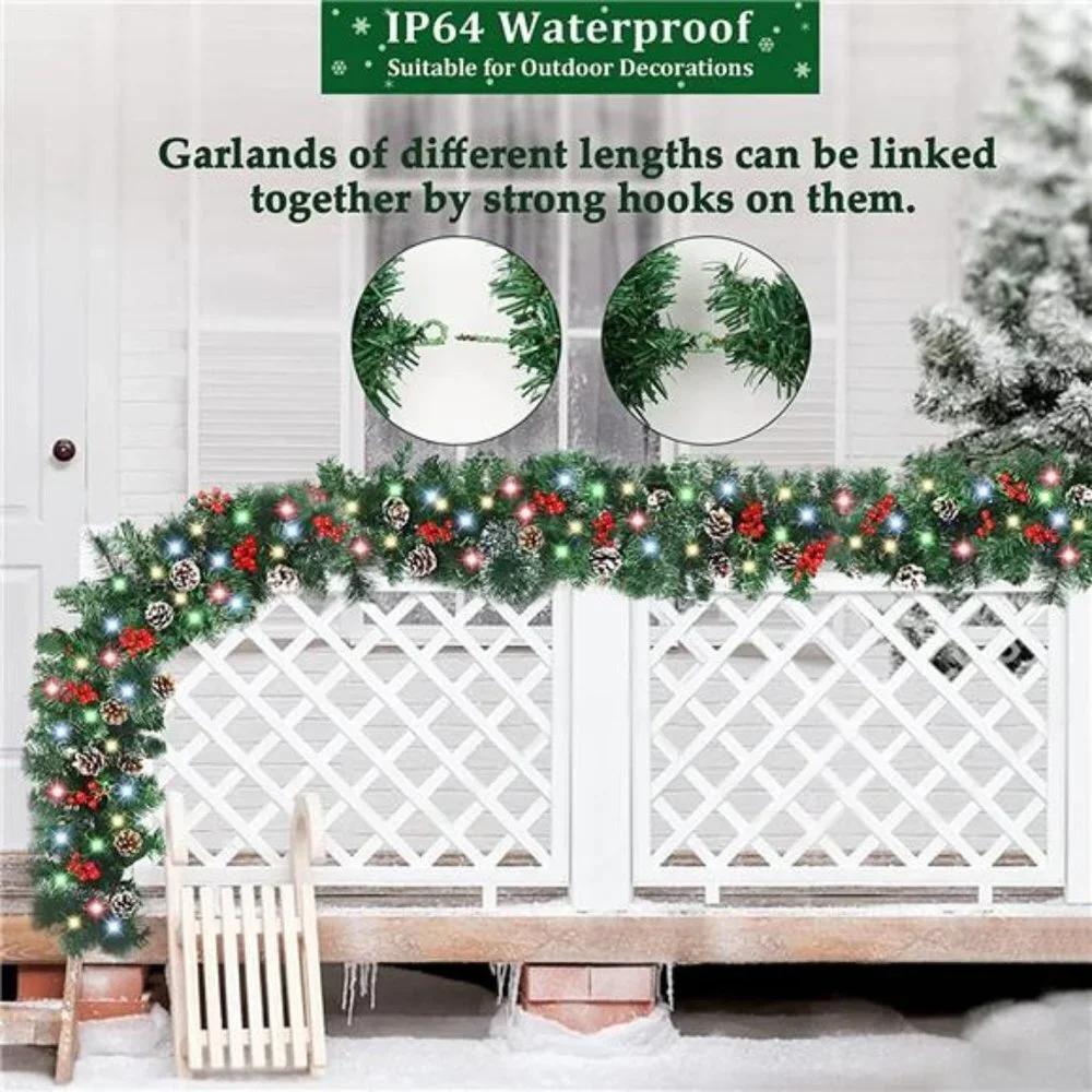 9Ft Christmas Garland w/ 100 LED Lights Pre-Lit Xmas Garland for Indoor Outdoor